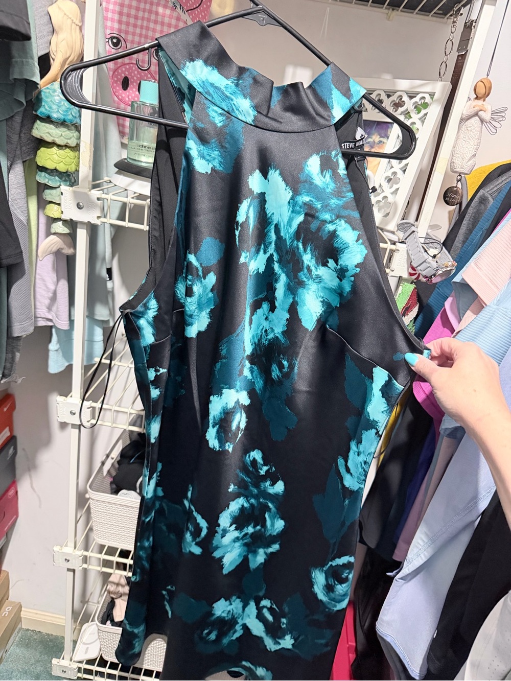 Steve Madden Lara Black Halter Dress with Teal Floral Print